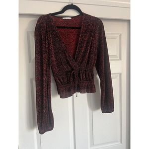 Zara Womens Blouse Medium Red Pleated Deep V-Neck Long Sleeve Tie Front Top